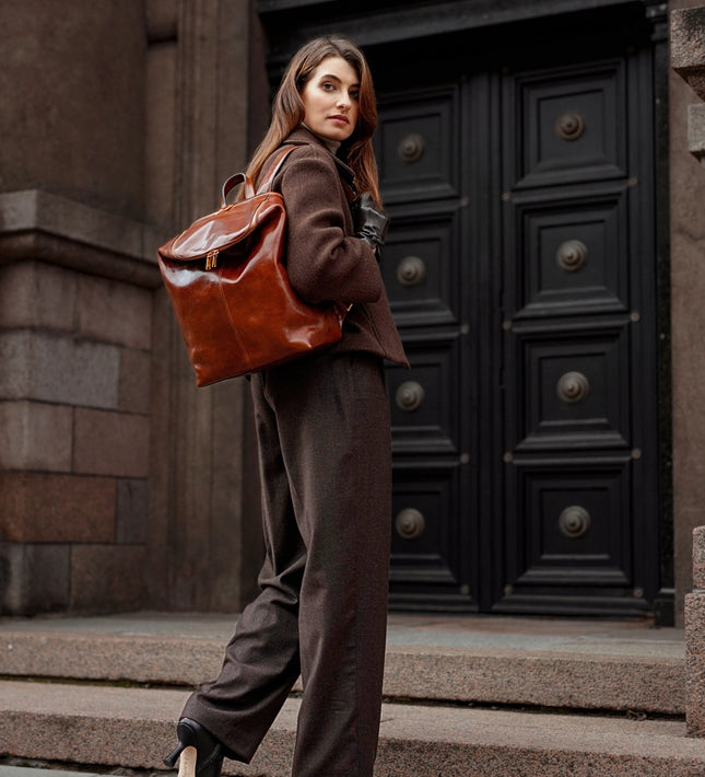 Brown Leather Backpack For Women - A Bend in the River Cognac