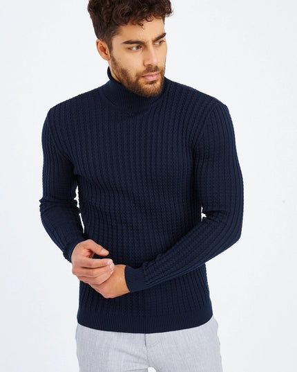 Men'S Knitted Fine Knit Turtleneck Pullover Blue-SWEATER-Leif Nelson GmbH-XXL-Urbanheer