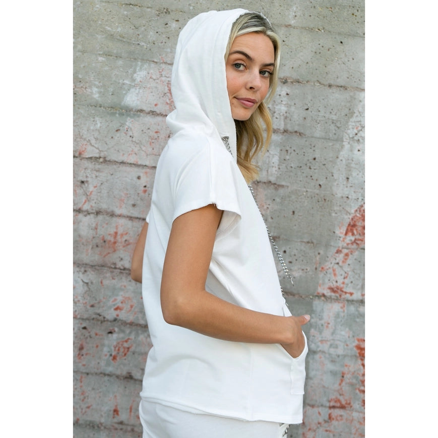 Hoodie Short Sleeve Top with Chains Off White-Hoodie-Vocal-Urbanheer