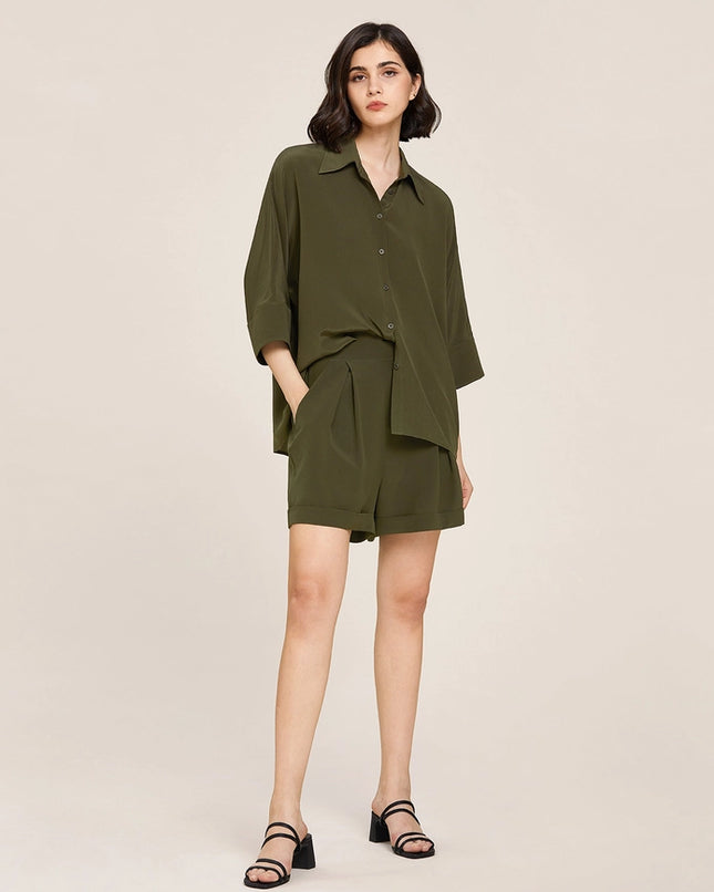 Weekend Oversize Silk Co-Ord Set Olive Green-Sets-MommeSilk-XS-Urbanheer