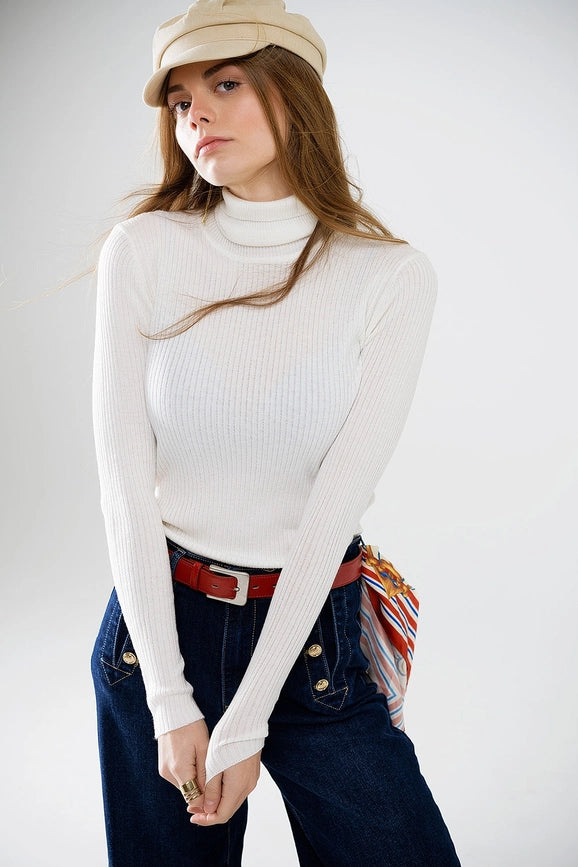 Cream Basic Ribbed Sweater with High Neck