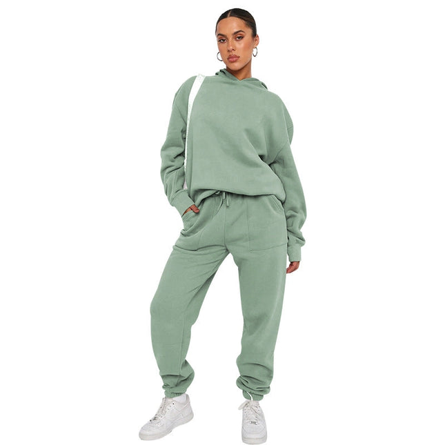 Solid Color Hooded Long Sleeve Sweater and Casual Trousers Suit-Suits-Blak Wardrob-S-Light Green-Urbanheer