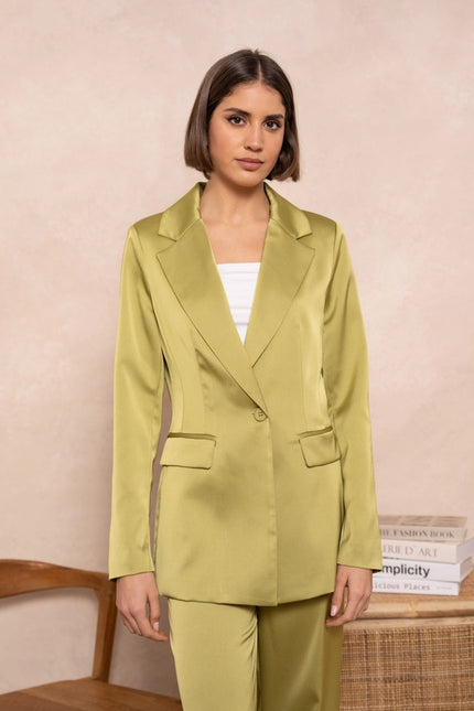 Satin Plain Fitted Jacket Olive-Jacket-Attentif Paris-S-Urbanheer