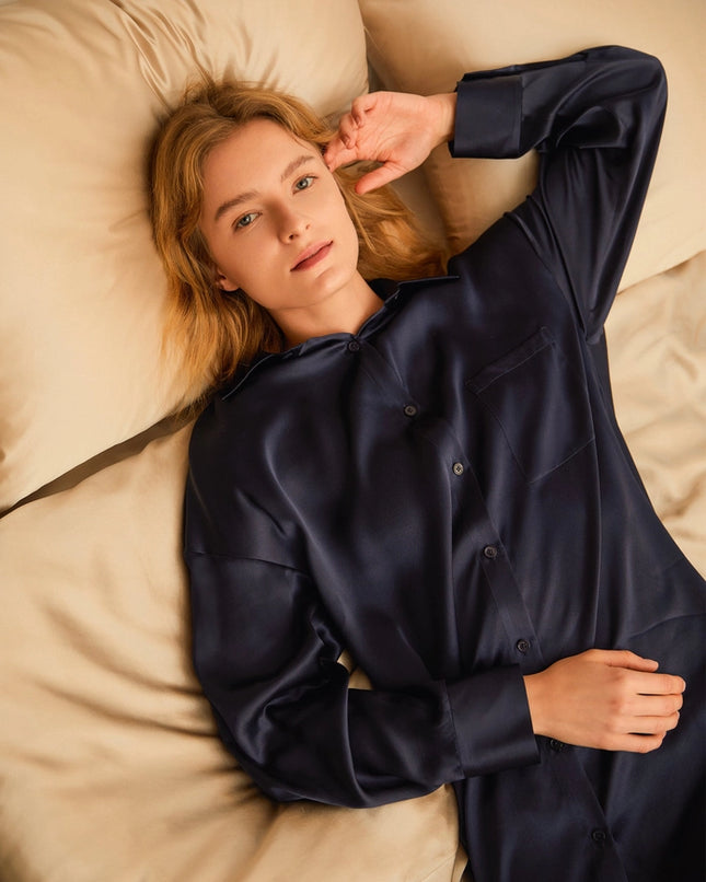 Classic Silk Nightshirt Navy Blue-Nightshirt-MommeSilk-Urbanheer