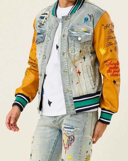 All Over Embroidered Varsity Denim Jacket-Jacket-First Row-Urbanheer