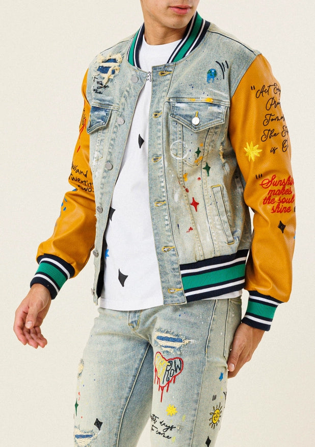 All Over Embroidered Varsity Denim Jacket-Jacket-First Row-Urbanheer