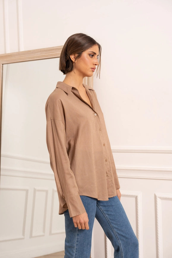 Plain Shirt with Lapel Collar with Linen Camel-SHIRT-Attentif Paris-Urbanheer