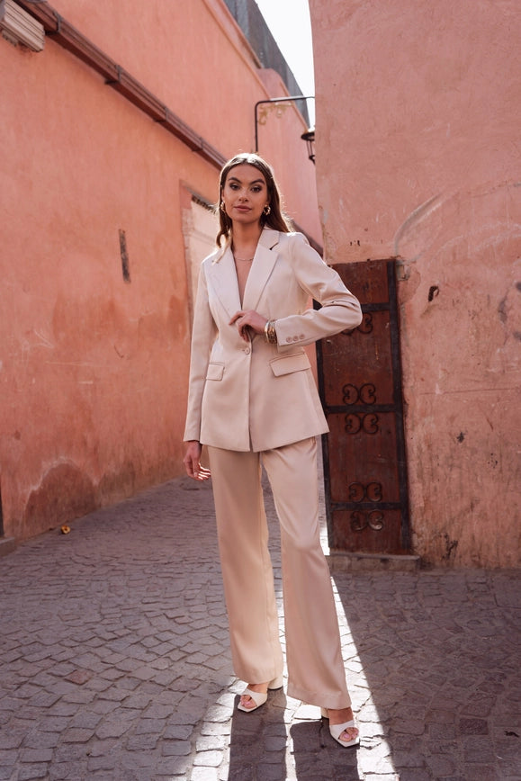 Satin Plain Fitted Jacket Beige-Jacket-Attentif Paris-Urbanheer