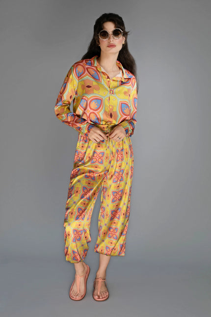 Loose Fit Floral Patterned Mustard Mescaline Satin Blouse-Nuvula-Urbanheer