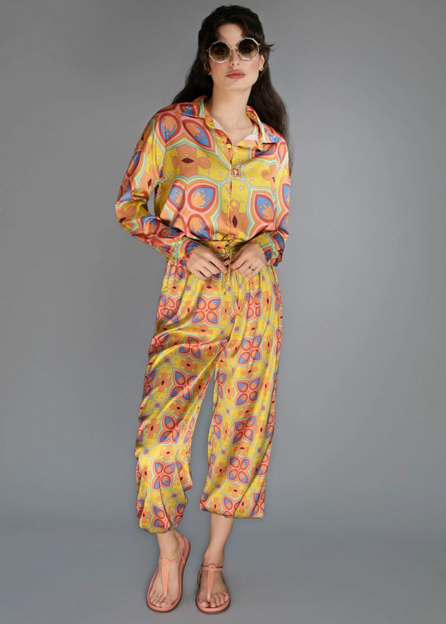 Loose Fit Floral Patterned Mustard Mescaline Satin Blouse-Nuvula-Urbanheer