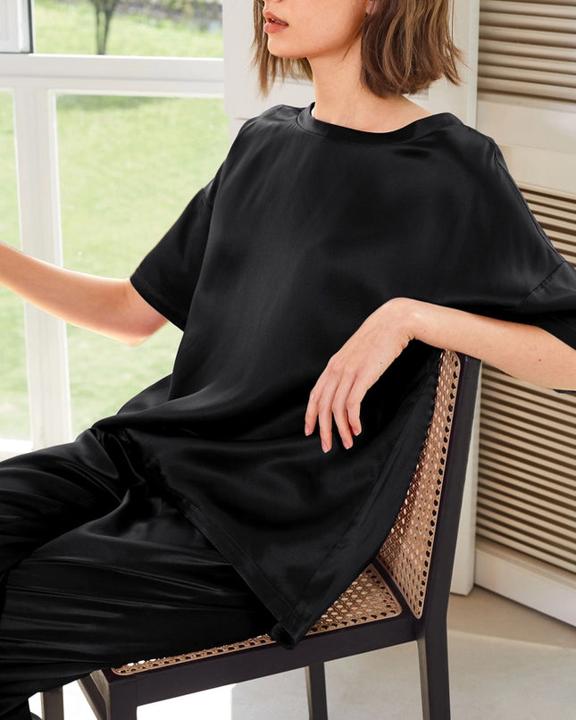 Sunday Morning Silk Pajamas Black-Pajamas-MommeSilk-Urbanheer