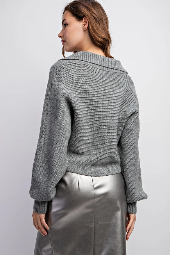 Long Dolman Sleeve Ribbed Crop Sweater Top Grey-Sweater-EDIT by NINE-Urbanheer