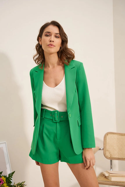 Timeless One-Button Fitted Plain Jacket Green-Jacket-Attentif Paris-S-Urbanheer