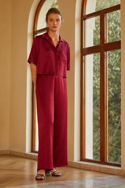 Short Sleeve Silk Pajamas Claret-Pajamas-MommeSilk-XS-Urbanheer