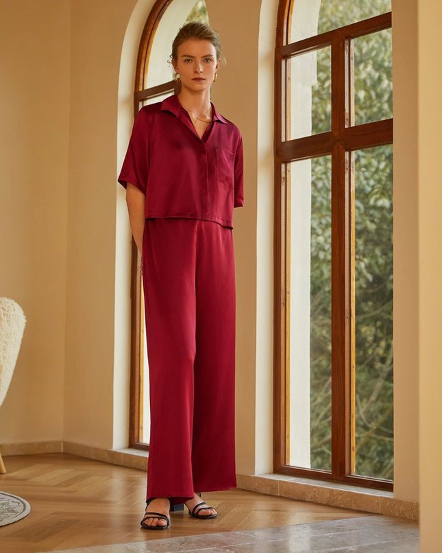 Short Sleeve Silk Pajamas Claret-Pajamas-MommeSilk-XS-Urbanheer