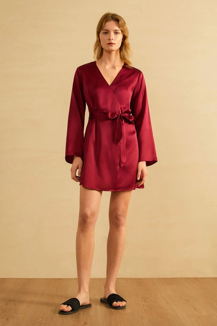 Loose Collarless Silk Claret-Robe-MommeSilk-Urbanheer