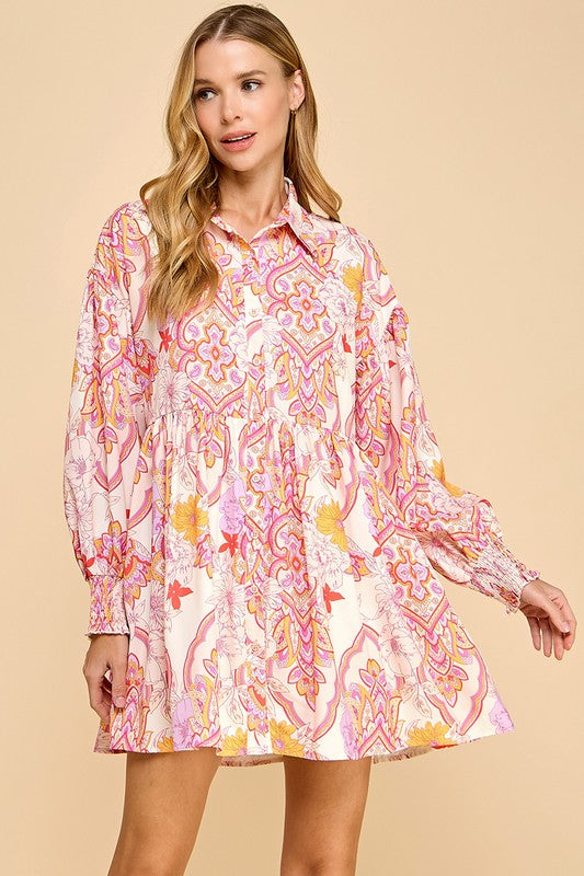 Abstract Print Button Down Shirt Dress