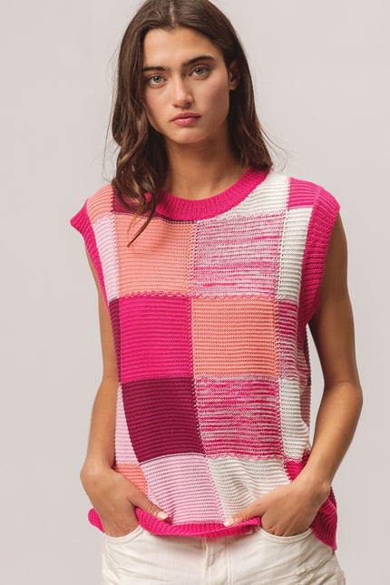 BiBi Color Block Round Neck Sweater Vest-UHX-Fuchsia Combo-S-Urbanheer