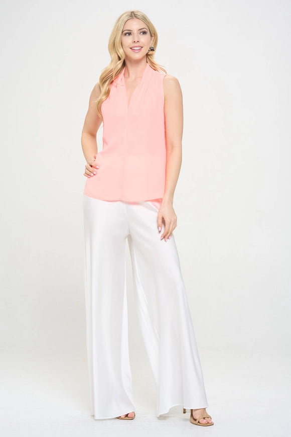 Solid V Neck Top with Drape Neckline Peach-TOP-Renee C.-Urbanheer