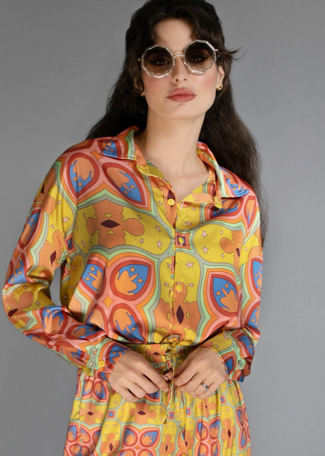 Loose Fit Floral Patterned Mustard Mescaline Satin Blouse-Nuvula-Urbanheer