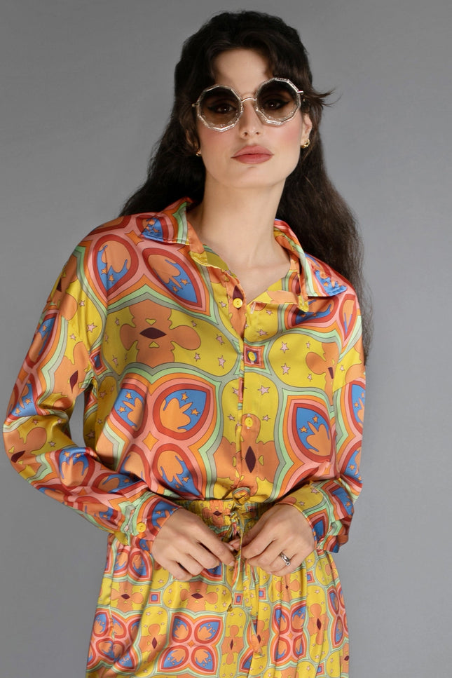 Loose Fit Floral Patterned Mustard Mescaline Satin Blouse-Nuvula-Urbanheer