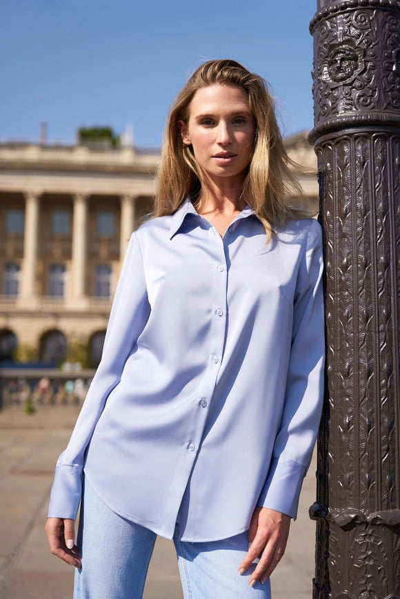 Plain Satin Shirt with Lapel Colla Sky Blue-SHIRT-Attentif Paris-Urbanheer