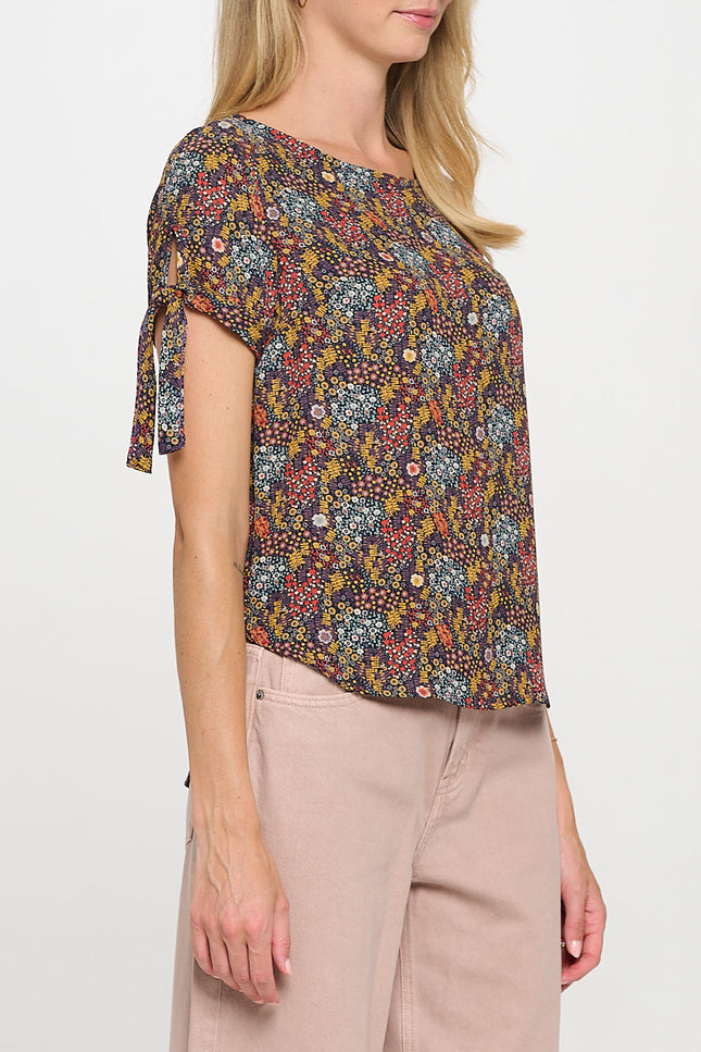 Floral Print Short Sleeve Top with Tie Sleeve-2