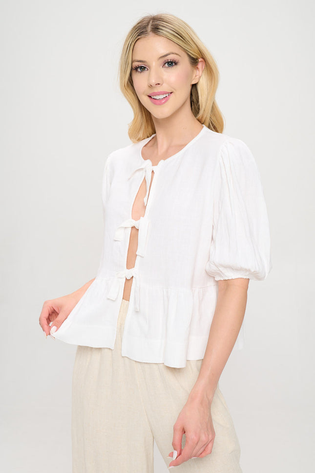 Linen Solid Puff Sleeve Top with Front Bow Detail-2