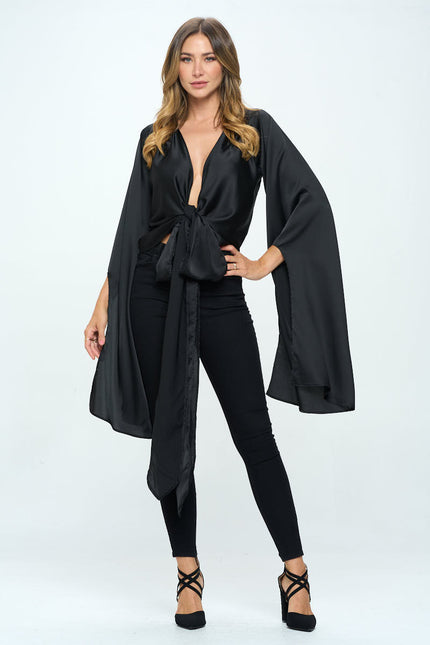 Stretch Satin Wrap Top with Exaggerated Sleeves-2