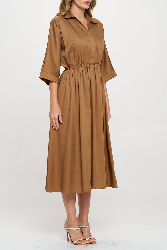 Tencel Collared V neck Midi Dress with Pockets-2