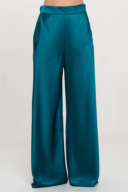 Stretch Satin Pants w/ Elastic Waist and Pockets-0