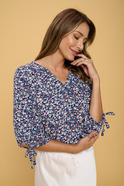 Floral Print Top with Self Tie Sleeves-0