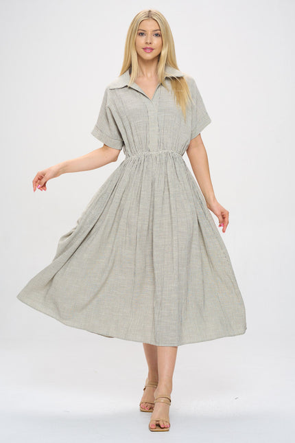 Striped Print Collared V neck Dress with Pockets-2