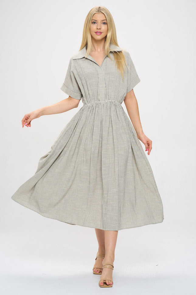 Striped Print Collared V neck Dress with Pockets-2