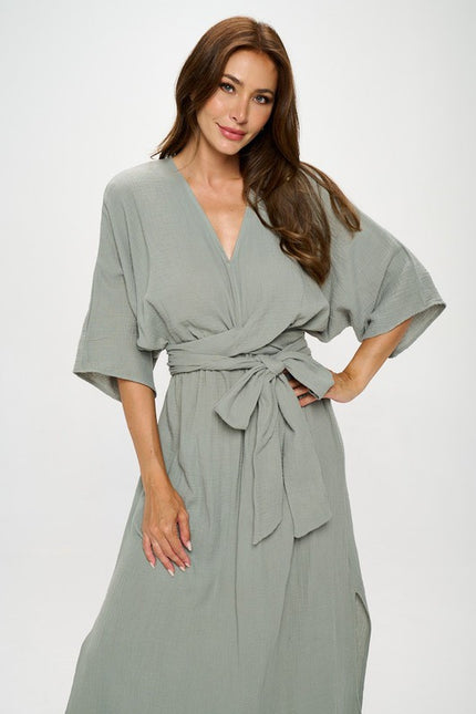 Solid Kimono Style Maxi Dress with Tie-0