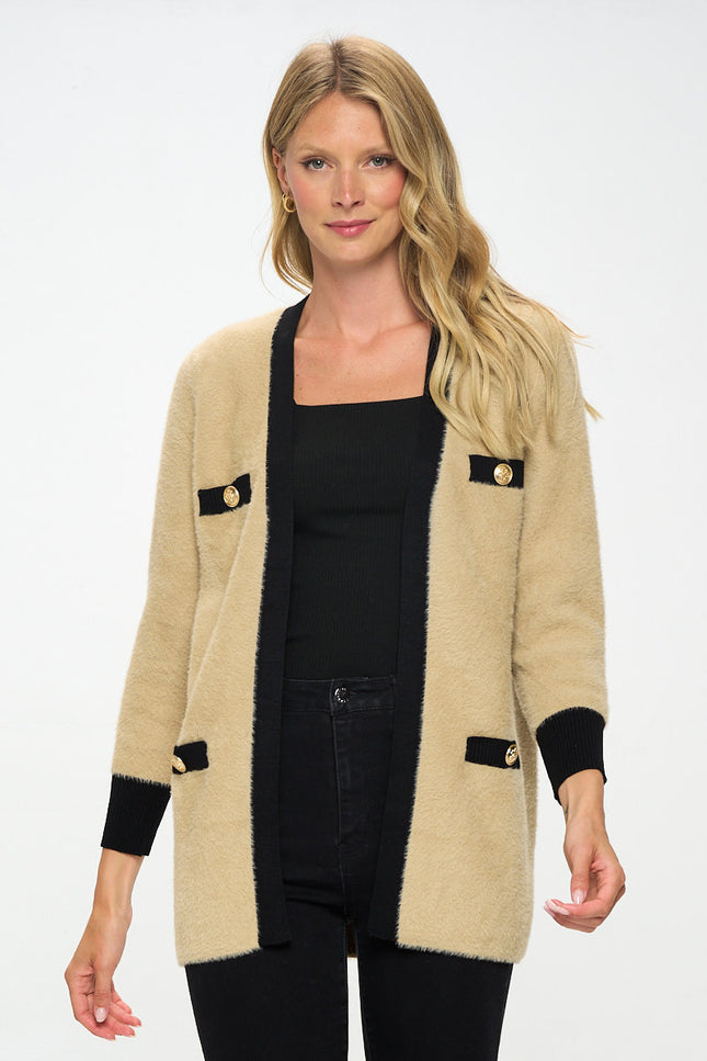 Knit Open Front Cardigan with Pockets-0