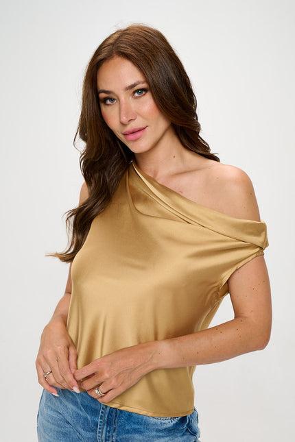 Dropped Shoulder Long Sleeve Satin Top-0