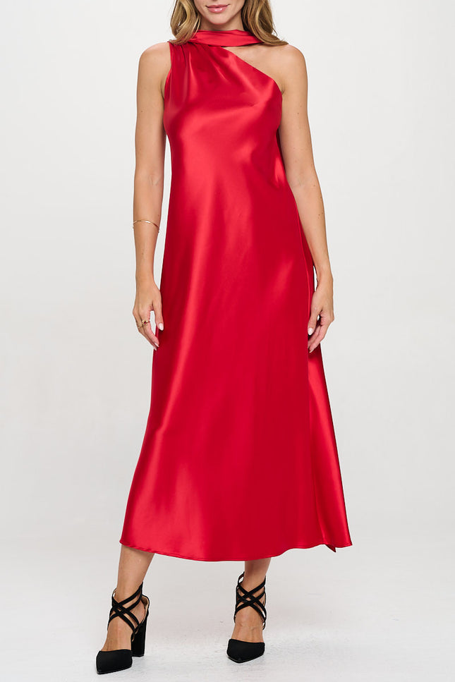 One Shoulder Satin Maxi Dress with Scarf Detail-2