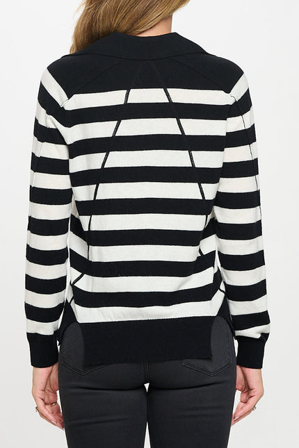 Striped Knit Polo Collar neck Long Sleeve Top-3