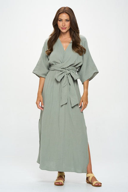 Solid Kimono Style Maxi Dress with Tie-3