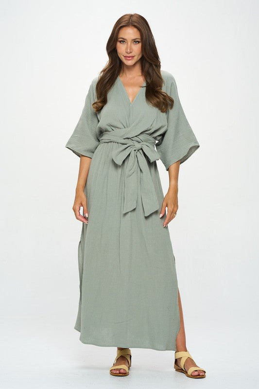 Solid Kimono Style Maxi Dress with Tie-3