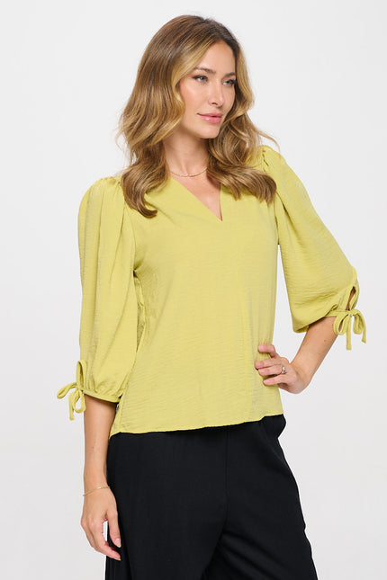 Solid V neck 3/4 Sleeve Top with Sleeve Tie-2