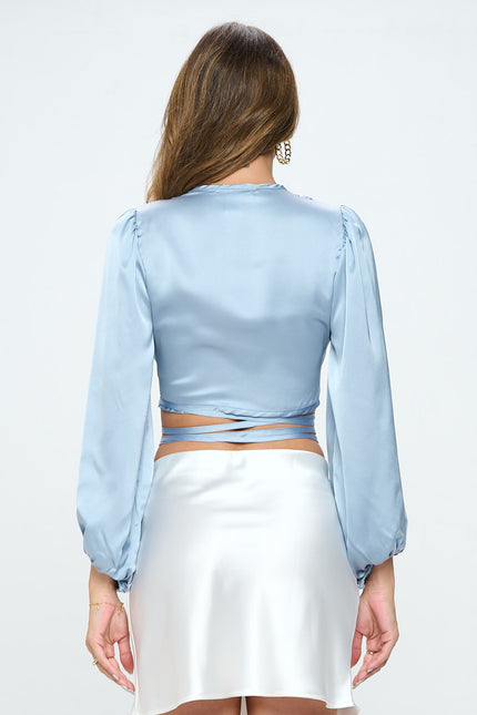 Silky Satin Wrap Crop Top with Tie-3