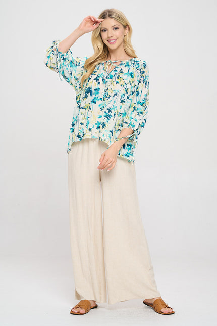 Floral Print V neck Top with Sleeve Tie-4