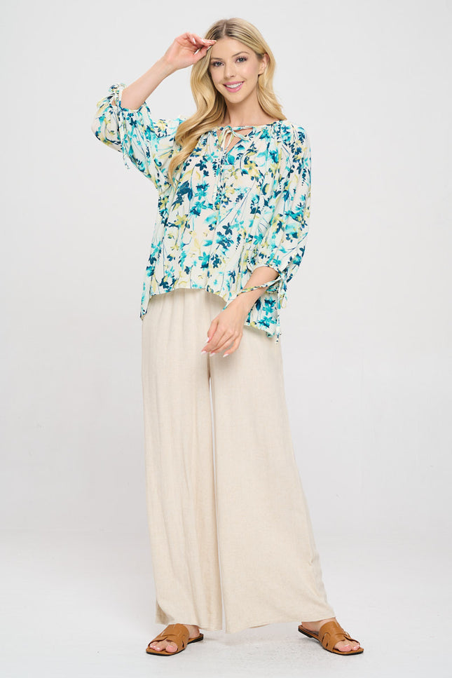 Floral Print V neck Top with Sleeve Tie-4