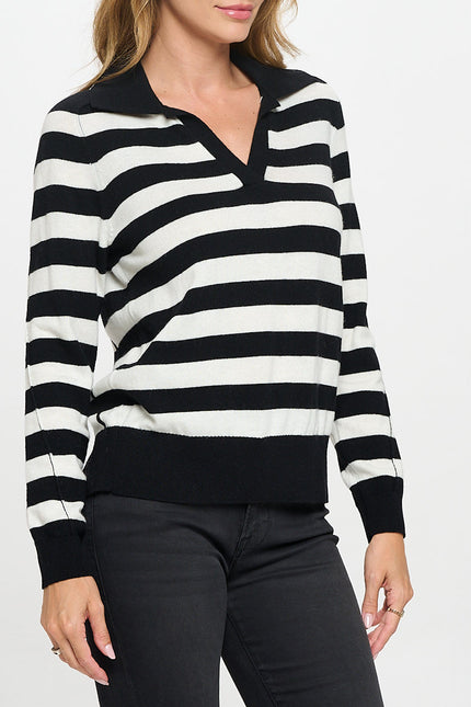 Striped Knit Polo Collar neck Long Sleeve Top-2