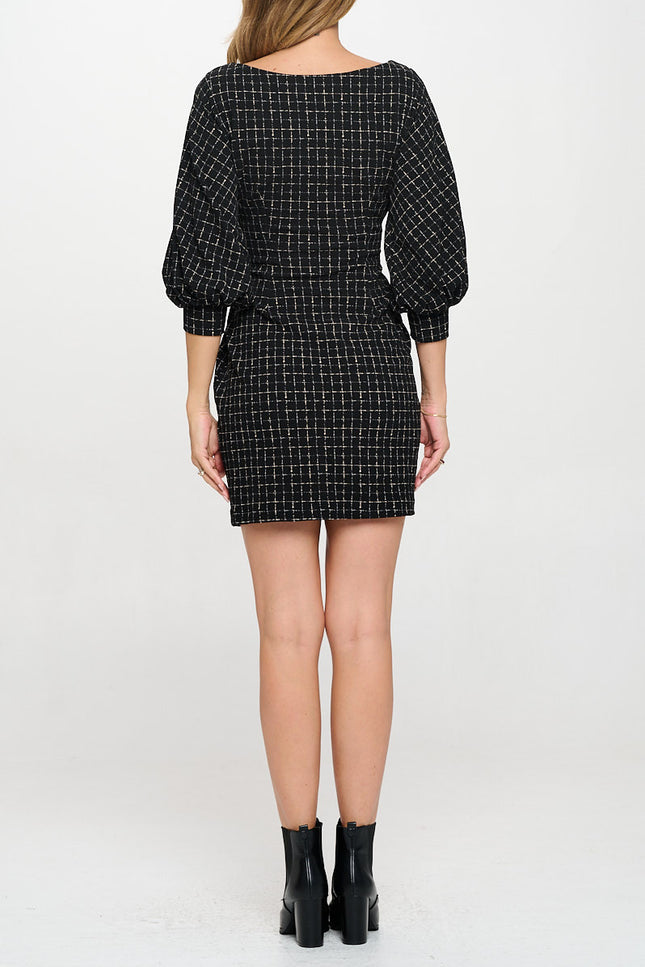 Plaid Knit Round neck 3/4 Sleeve Dress with Tie-4