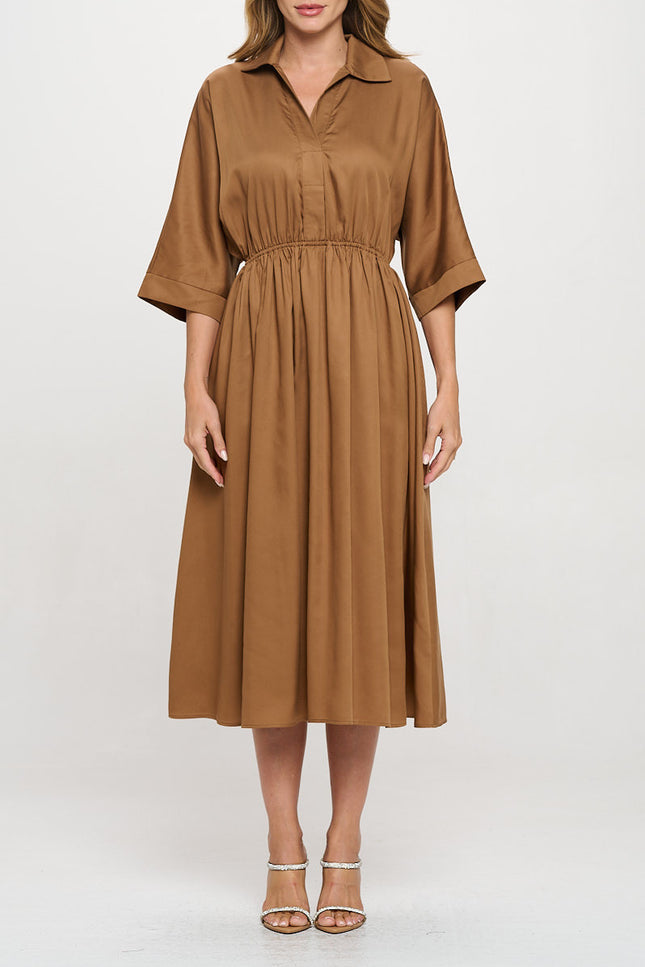 Tencel Collared V neck Midi Dress with Pockets-1