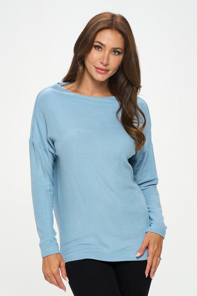 Blue Brushed Knit Off the Shoulder Top-0