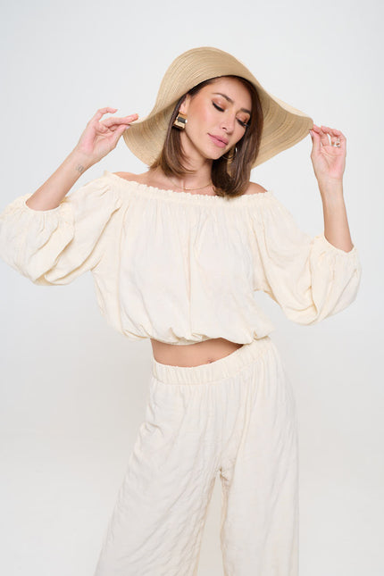 Textured Off the Shoulder Top with Balloon Sleeve-1